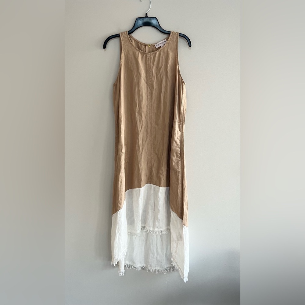 Nanette Lepore Hi-Lo Asymetrical Linen Blend Dress w/Fringe Hem, Beige/White, 8